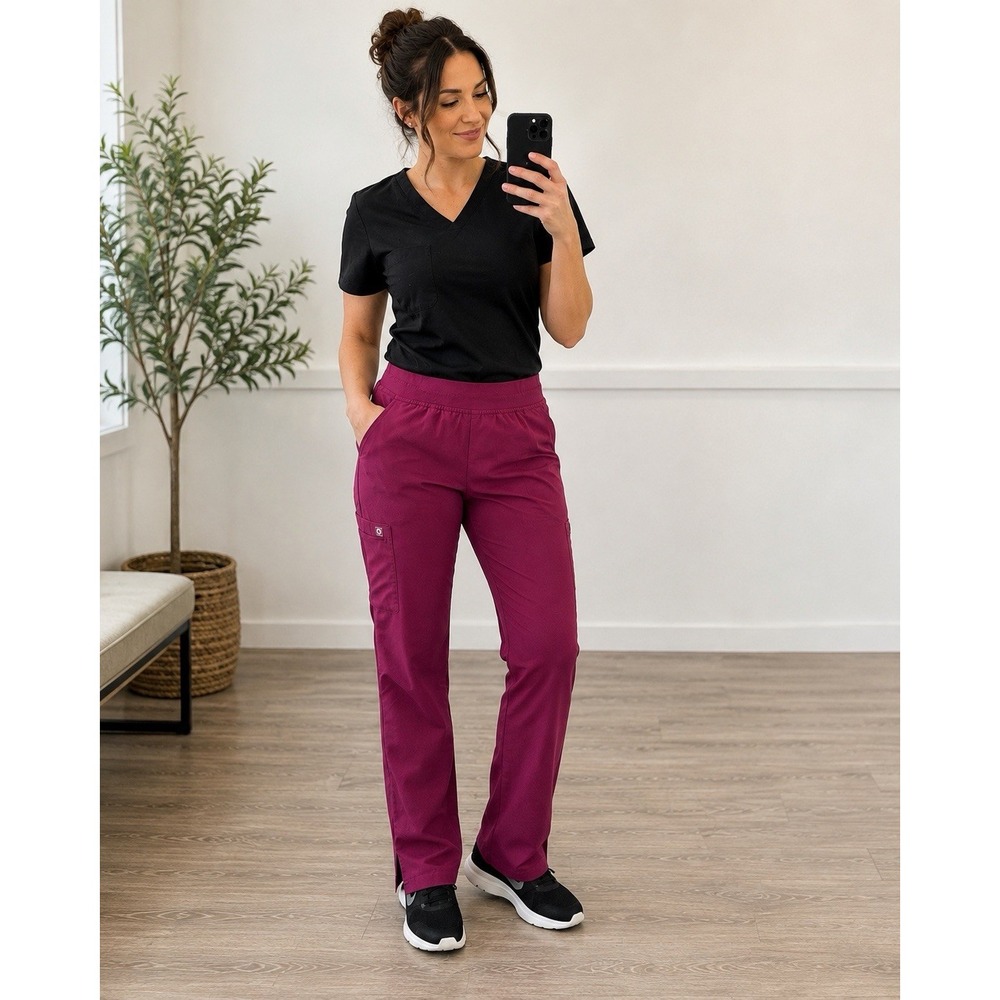 Cherokee Womens XL Petite Scrub Pants Wine Burgundy Cargo Straight Leg Stretch